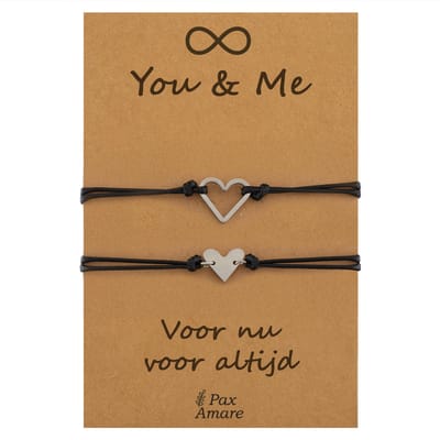 Vriendschapsarmbandjes voor 2 " You & Me ∞" - Leuke Hartjes - BFF Armbandjes met Persoonlijk Cadeau Kaartje - Zilverkleurig - Elastisch Verstelbaar - Pax Amare