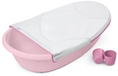 INGENUITY Extra grote roze ombouwbare babybadkuip, babybad met stoffen hangmat, zitsteun voor baby's, 2 waterornamenten, geschikt voor baby's van 0 tot 24 maanden