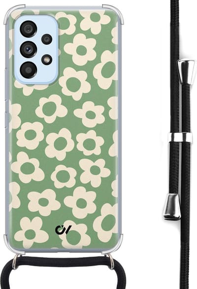 Telefoonhoesje met koord geschikt voor Samsung A53 - Retro Cute Flowers - Inclusief koord - Transparant, Groen - - Crossbody beschermhoes - Met Telefoonketting