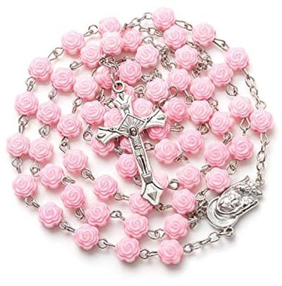 Roze Mariaketting Rozenkrans met Hars Bloemen - Gelukssieraad & Cadeau