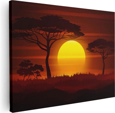 Artaza Canvas Schilderij Zonsondergang Afrika - 40x30 cm - Klein - Wanddecoratie Silhouet Bomen - Muurdecoratie Savanne - Kamer Accessoires Natuur