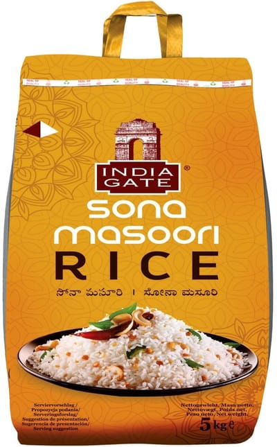 India Gate Sona Masoori Rijst 5 kg – Zuid-Indiase Specialiteit | Aromatische Kortkorrel Non-Basmati Rijst | Licht, Zacht & Perfect voor Dagelijks Gebruik | Ideaal voor Zuid- en Zuidoost-Aziatische Gerechten met Kajal Sticker