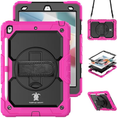 Geschikt voor iPad 9/8/7 Hoes - 9e/8e/7e Generatie - 10.2 Inch - 2021/2020/2019 - Turtle Shift Cover Hoesje - Schouderriem - Handriem - Shockproof - Met Standaard - Apple Pencil Houder - Roze
