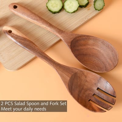 Saladebestek Set Houten Opscheplepels en Vork met Lange Steel - 2 Delig