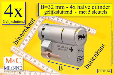 M&C Condor 4x HALVE High Security deurcilinders GELIJKSLUITEND 32 mm - SKG***  -  Politiekeurmerk Veilig Wonen  -  inclusief gereedschap montageset en hangslot kaars