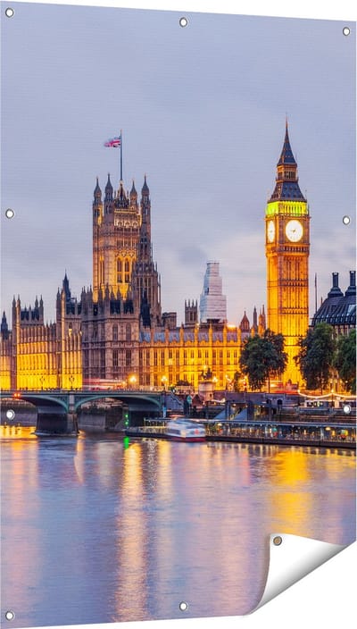 Gards Tuinposter London Big Ben en Westminster Brug - 80x120 cm - Tuindoek - Tuindecoratie - Wanddecoratie buiten - Tuinschilderij