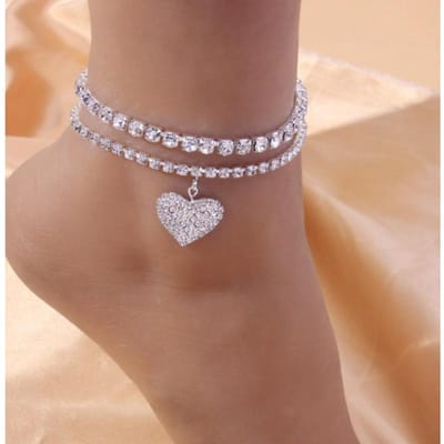 Sexy Vol Diamanten en Veelzijdig, Gepersonaliseerde Liefde Strass Enkelband Glanzende Strand Voet Decoratie Twee Delen Decoratie wit
