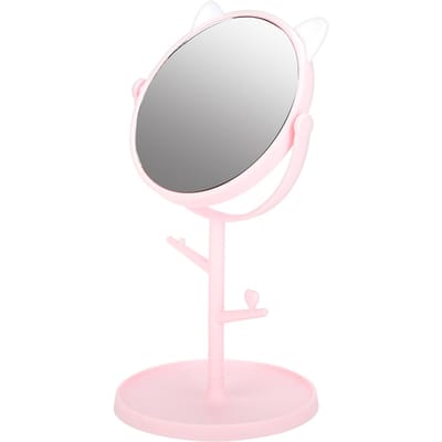 Modieuze Schattige Bureau Make-up Spiegel Huishoudelijke Draaibare Cosmetische Spiegel met Dienblad Kattenoor Roze