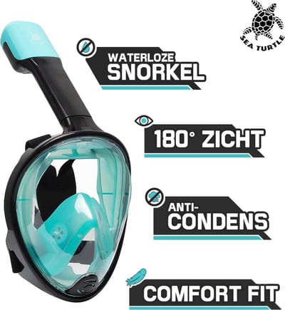 Sea Turtle Snorkelmasker - Snorkel - Duikbril - Snorkelset - Full Face Masker - Volwassenen - Zwart/Turquoise - L/XL