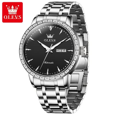 HO-7019.z-zw : Olevs zilverkleurig tourbillon/mechanisch edelstaal heren horloge, zwarte wijzerplaat, luminiscerend, dagnaam, kalenderdag, zirkonia's