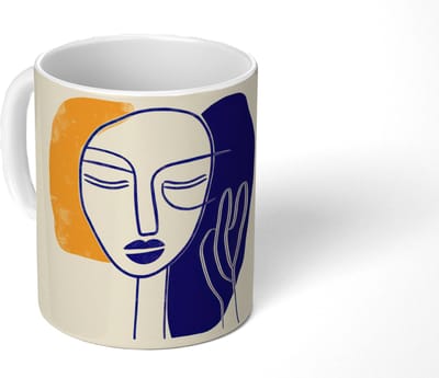 Mok - Koffiemok - Minimalistisch - Gezicht - Hand - Oranje - Blauw - Mokken - 350 ML - Beker - Koffiemokken - Theemok