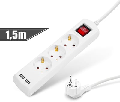 Stekkerdoos 3-voudig - Met 2× USB (2,1A) en Schakelaar - Kinderbeveiliging - 1,5 m - 250V • 16A - Wit [20221U]