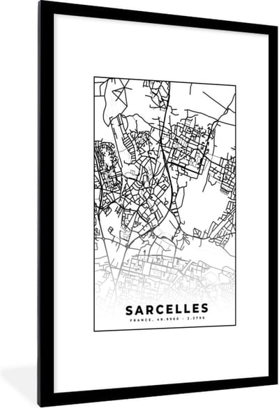 Fotolijst incl. Poster Zwart Wit- Kaart - Sarcelles - Frankrijk - Stadskaart - Plattegrond - Zwart wit - 80x120 cm - Posterlijst