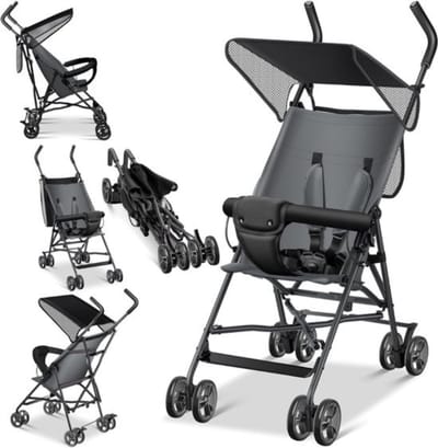 Thuys - Plooibuggy Grijs - 360° Opvouwbaar - 5-Punts Veiligheidsgordel - Zonnekap - voor Kinderen vanaf 6 Maanden tot 15kg