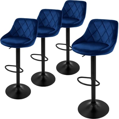 Set van 4 barkrukken blauw fluwelen bekleding met rugleuning en voetensteun in hoogte verstelbaar 62-82cm ML-Design