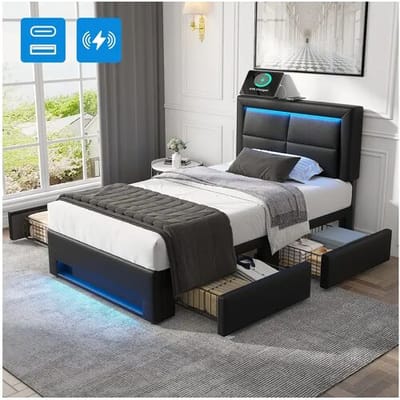 Merax 90 x 190 cm gestoffeerd bed met hoofdbord en 4 lades - LED's en USB-aansluitingen - PU-leer - Zwart (zonder matras)