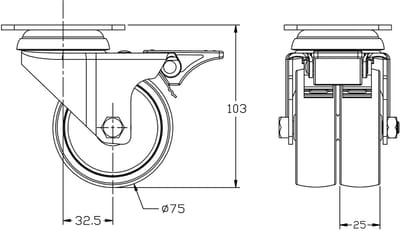 75 mm (3 inch) dubbelwielige zwenkwiel met grijs rubber en rem, draagvermogen 200 kg, set van 2