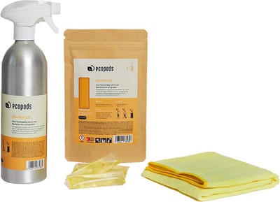 Ecopods Keuken Ontvetter Startersset Compleet - 3 Navullingen - Aluminium Fles incl pod - Microvezeldoek - Keukenreiniger - Keukenontvetter