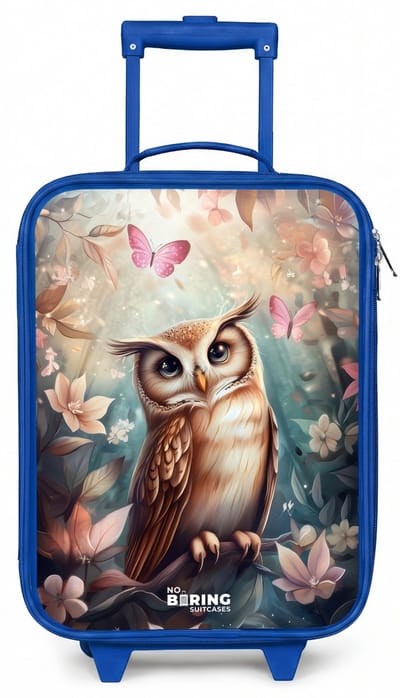 NoBoringSuitcases.com® - Kinderkoffer blauw - Kindertrolley jongen - Uil met vlinders in mystiek bos - Koffer kind lichtgewicht - Reiskoffer trolley voor kinderen - Koffertje met lichtgevende wieltjes - Rolkoffer