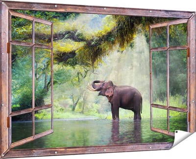 Gards Tuinposter Doorkijk Vrolijke Olifant in het Water - 180x120 cm - Tuindoek - Tuindecoratie - Wanddecoratie buiten - Tuinschilderij