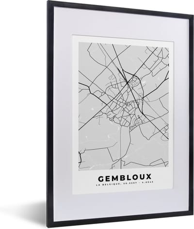 Fotolijst incl. Poster Zwart Wit- Zwart Wit – België – Plattegrond – Stadskaart – Kaart – Gembloux - 30x40 cm - Posterlijst