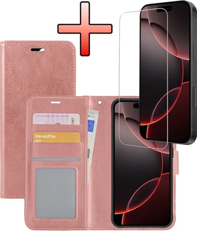 Hoesje - Met Screenprotector - Geschikt voor Apple iPhone 16 Pro - Luxe Pasjeshouder - Bookcase Portemonee - Flip Case - Kunstleer Book Case - Flipcase - Book Cover - Walletcase - Portemonneehoes - Rosé goud