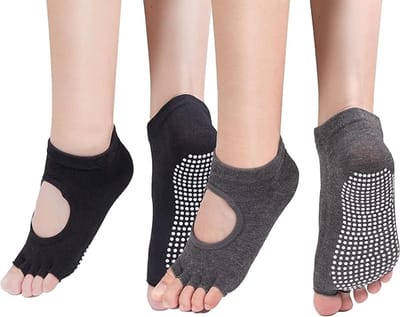 Daity Twee paar damespilatessokken/yogasokken met antisliptextuur en antislipslippers (grijs).