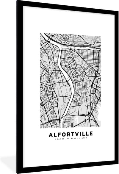 Fotolijst incl. Poster - Plattegrond - Alfortville - Stadskaart - Kaart - Frankrijk - 80x120 cm - Posterlijst
