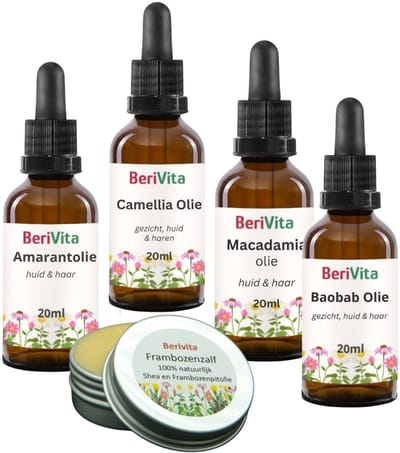 Droge Huid Verzorging Pakket - 100% Natuurlijk - Amarantolie 20ml, Baobab Olie 20ml, Camellia Olie 20ml, Macadamia Olie 20ml, Frambozenzalf 15ml