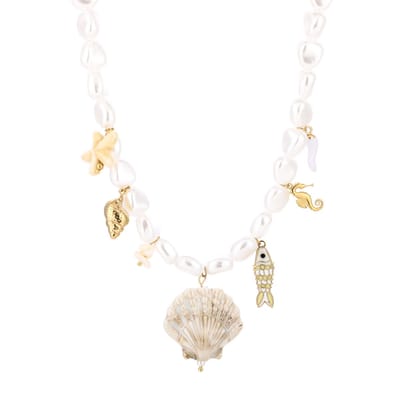 Parelketting met Zeebedels - Wit/Goud/Beige - Kleurvast Stainless Steel - Nikkelvrij en Hypoallergeen - Cadeau voor haar - Zomerse ketting