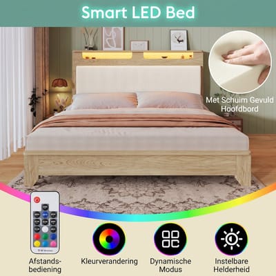 VVBV Houten Opbergbed 160x200 cm - LED, Hydraulische Opbergruimte, Opberghoofdbord, Bedbank, Cordstof, Beige, Zonder Matras