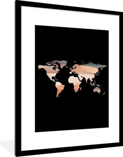 Poster in lijst - Fotolijst 60x80 cm - Posters - Wereldkaart - Kleuren - Zwart - Posterlijst zwart - Decoratie - Wanddecoratie woonkamer - Muurdecoratie slaapkamer