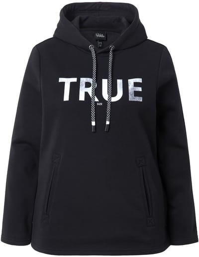 Ulla Popken - Dames - Hoodie True capuchon koord zakken lange mouwen - Zwart - Maat 42+