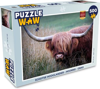 Puzzel Schotse Hooglander - Hoorns - Gras - Legpuzzel - Puzzel 500 stukjes