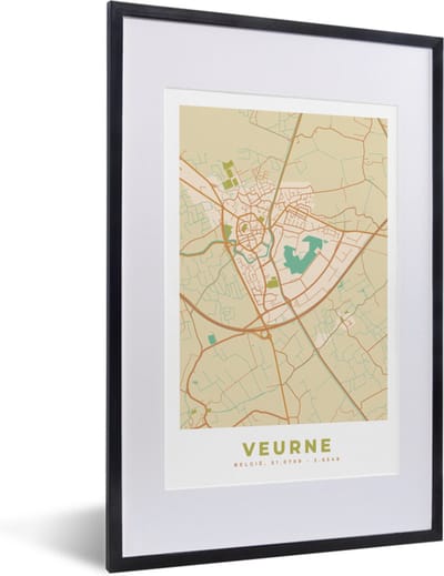 Fotolijst incl. Poster - Stadskaart - Kaart - Plattegrond - Vintage - Veurne - 40x60 cm - Posterlijst