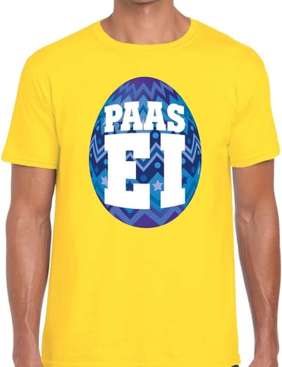 Geel Paas t-shirt met blauw paasei - Pasen shirt voor heren - Pasen kleding S