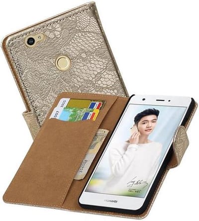 Lace Bookstyle Wallet Case Hoesjes Geschikt voor Huawei Nova Goud