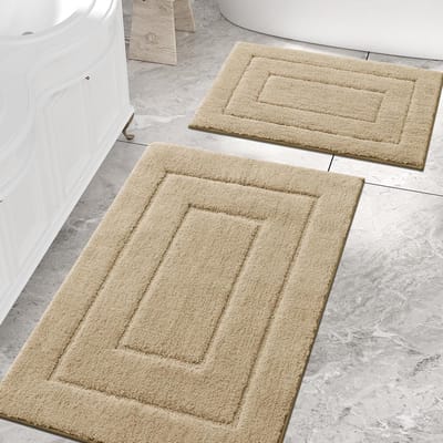 Set van 2 microvezel badkamerteppen, antislip, wasbaar, zachte badmat, waterabsorberend, badvoorlegger voor badkamer - 40x60 cm+60x90 cm, beige
