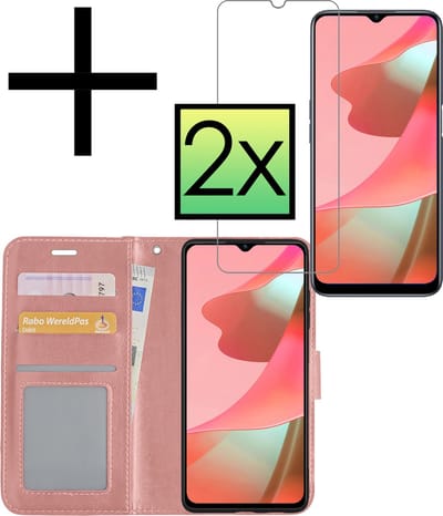 Hoesje - Met 2x Screenprotector - Geschikt voor OPPO A16 - Luxe Pasjeshouder - Bookcase Portemonee - Flip Case - Kunstleer Book Case - Flipcase Hoes - Book Cover - Walletcase - Portemonneehoes - Rosé goud