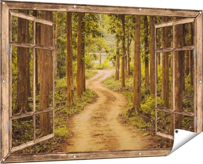 Gards Tuinposter Doorkijk Pad in het Bos met Bomen - 150x100 cm - Tuindoek - Tuindecoratie - Wanddecoratie buiten - Tuinschilderij