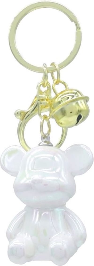 Een grappige en mooi parelmoer glanzende zittende beer 4,5cm aan een sleutelhanger waaraan een extra ring met kattenbelletje is bevestigd. Handig voor aan de sleutelbos, tas of op te hangen als decoratie. Voor uzelf of als cadeau.