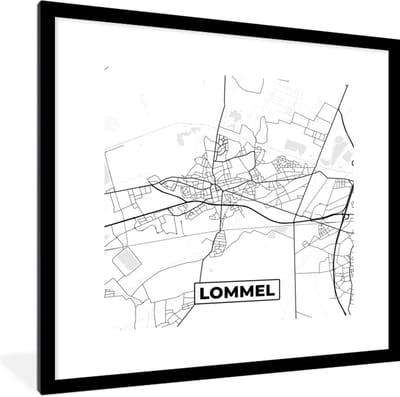 Fotolijst incl. Poster Zwart Wit- België – Lommel – Stadskaart – Kaart – Zwart Wit – Plattegrond - 40x40 cm - Posterlijst