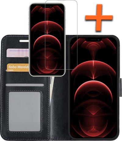 Hoes - Met Screenprotector - Geschikt voor Apple iPhone 14 - Luxe Pasjeshouder - Bookcase Portemonee - Flip Case - Kunstleer Book Case - Flipcase - Book Cover - Walletcase - PortemonneeHoes - Zwart