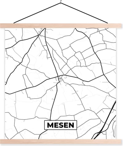 Posterhanger incl. Poster 40x40 cm - Schoolplaat - Plattegrond – Mesen – Zwart Wit – Stadskaart - Kaart - België - Textielposter - Blanke latten - Stadskaart