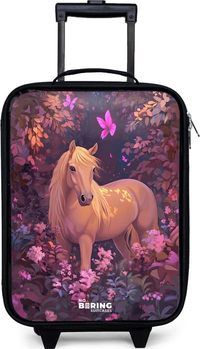 NoBoringSuitcases.com® - Kinderkoffer jongen - Kindertrolley meisje - Paard - Bloemen - Paars - Vlinder - Koffer kind lichtgewicht - Reiskoffer trolley voor kinderen - Koffertje met lichtgevende wieltjes - Rolkoffer zwart