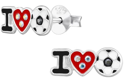 Joy|S - Zilveren I love voetbal oorbellen - 12 x 5 mm - sterling zilver 925 - rood hartje met kristal - oorknoppen - kinderoorbellen