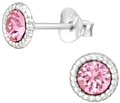 Joy|S - Zilveren ronde oorbellen - kristal roze - 6 mm - oorknoppen - sterling zilver 925 - zilver bolletjes randje
