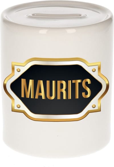 Spaarpot met voornaam Maurits - wit - met goud/zwart embleem - 8 x 9 cm - keramiek - met afsluitdop - cadeau verjaardag