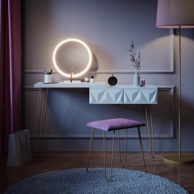 Kaptafel met kruk - Schoonheidstafel - Make-up aanbrengen - Verstelbare LED-verlichting - 120 cm breed - Wit