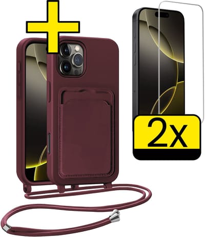 Hoesje Geschikt voor iPhone 16 Pro Telefoonhoesje Met Koord Case Pashouder Met 2x Screenprotector Siliconen - Hoes Geschikt voor iPhone 16 Pro Hoesje Met Kaarthouder - Aubergine
